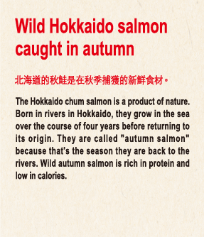 Wild Hokkaido salmon caught in autumn 北海道的秋鮭是在秋季捕獲的天然鮭魚。Hokkaido’s chum salmon are a product of wild. Born in rivers in Hokkaido, they grow large in the sea over the course of around four years before returning to the rivers. They are called “autumn salmon” because they return to their natal rivers in autumn. Wild “autumn salmon” is rich in protein and low in calories.