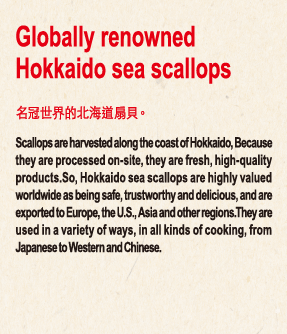 Globally renowned Hokkaido sea scallops 名冠世界的北海道扇貝。 Thanks to its thoroughgoing fishery efforts, Hokkaido sea scallops were certified as products of sustainable fishing practice by the Marine Stewardship Council (MSC), an international certification body, in 2013. Hokkaido sea scallops are highly valued worldwide as being safe, trustworthy and delicious, and are exported to Europe, the U.S., Asia and other regions.