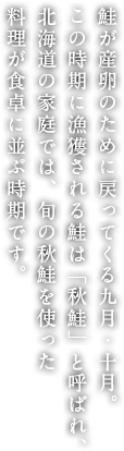 鮭が産卵のために戻ってくる9月・10月。この時期に漁獲される鮭は「秋鮭」と呼ばれ、北海道の家庭では、旬の秋鮭を使った料理が食卓に並ぶ時期です。